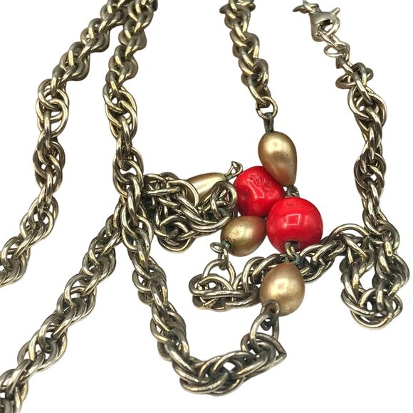 Prince of Wales Chain Vintage Station Necklace, Gold Tone with Bright Red Glass - Picture 2 of 5